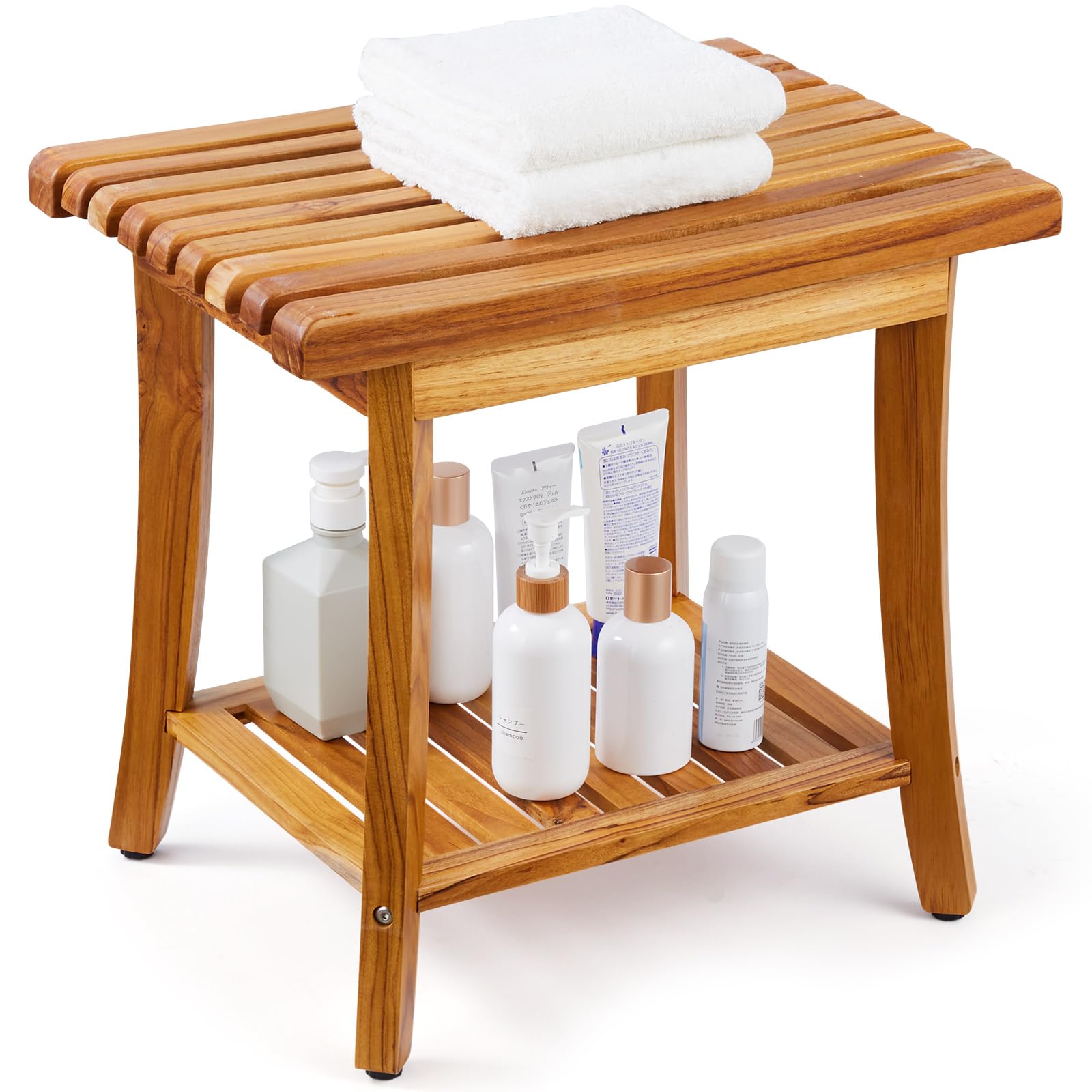 VEVOR Teak Shower Bench, 20in Waterproof Wood Shower Stool with Storage Shelf Non-Slip Foot Pads, 400 lbs Load Capacity Shower Chair Seat, for Bathroom Indoor and Outdoor Use