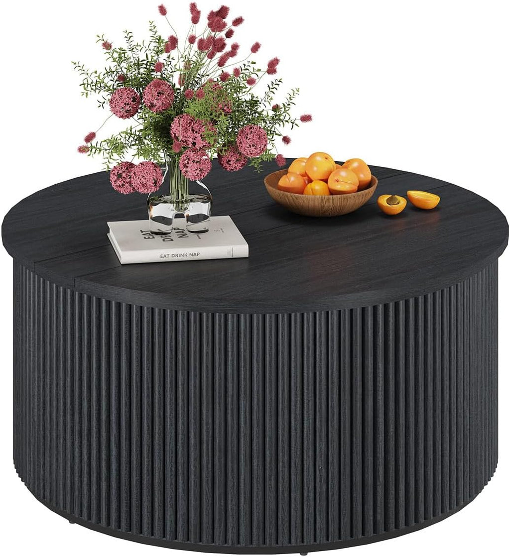 FATORRI Round Coffee Table with Storage, 31.5 Inch Modern Fluted Center Table, Woodern Accent Coffee Tables for Living Room, Black