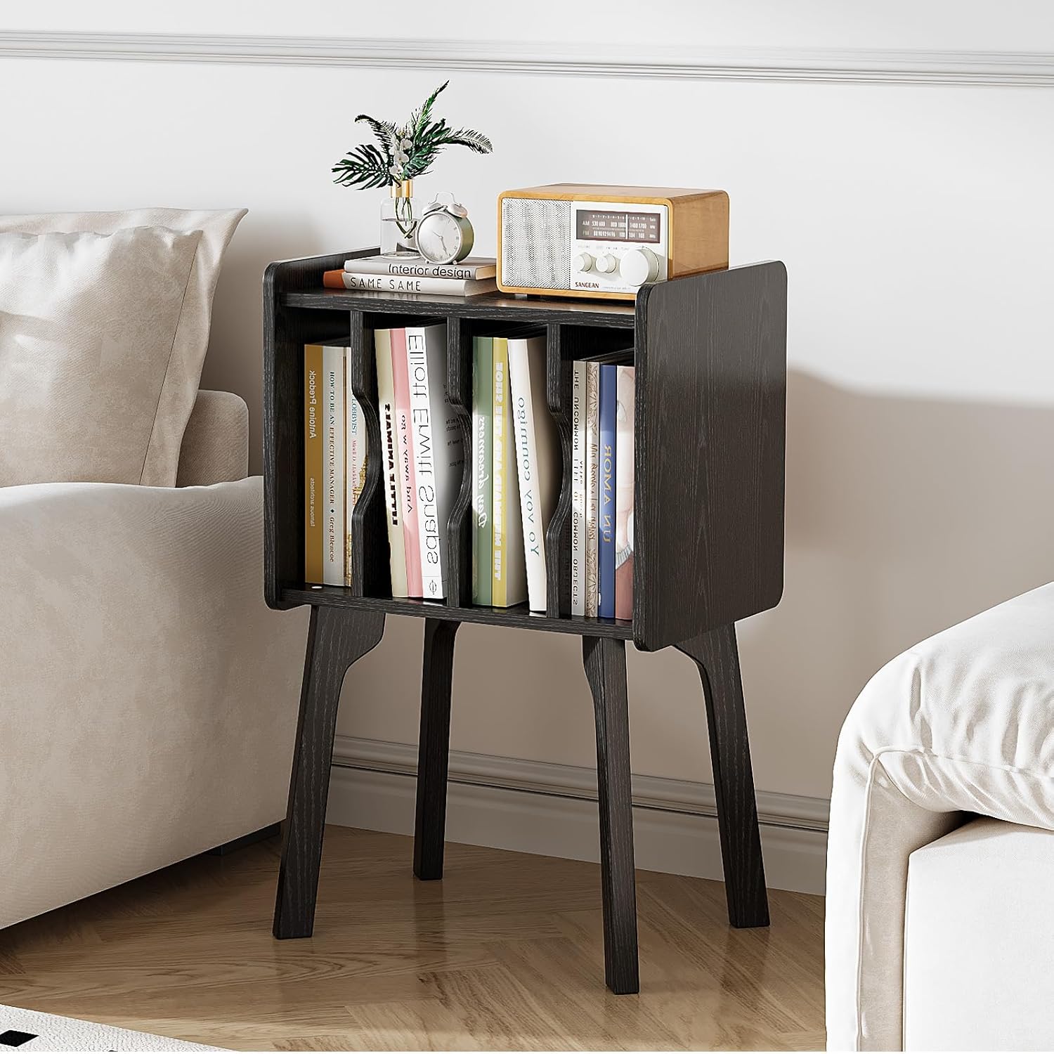 Urban Deco Wooden Nightstand, End Table with 4 Storage Cabinet, Bedside Table with Legs, Side Coffee Table Suit for Small Space and Bedroom, Black