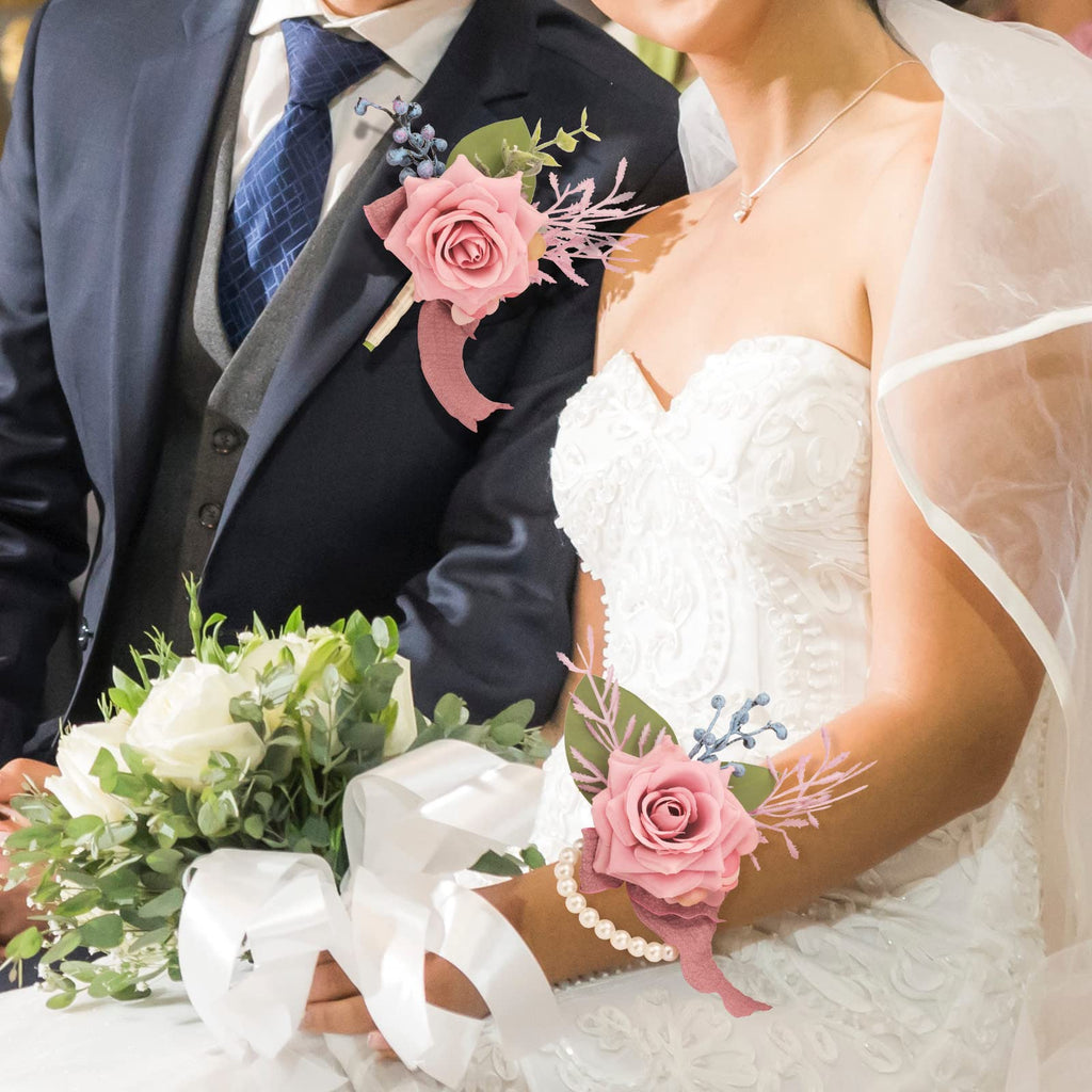 Weslymoo Dusty Pink Rose Wrist Corsage and Boutonniere Set Artificial Prom Flower Corsage Wristlet Band Bracelet and Boutonniere for Men Wedding Accessories Prom Stuff Decorations