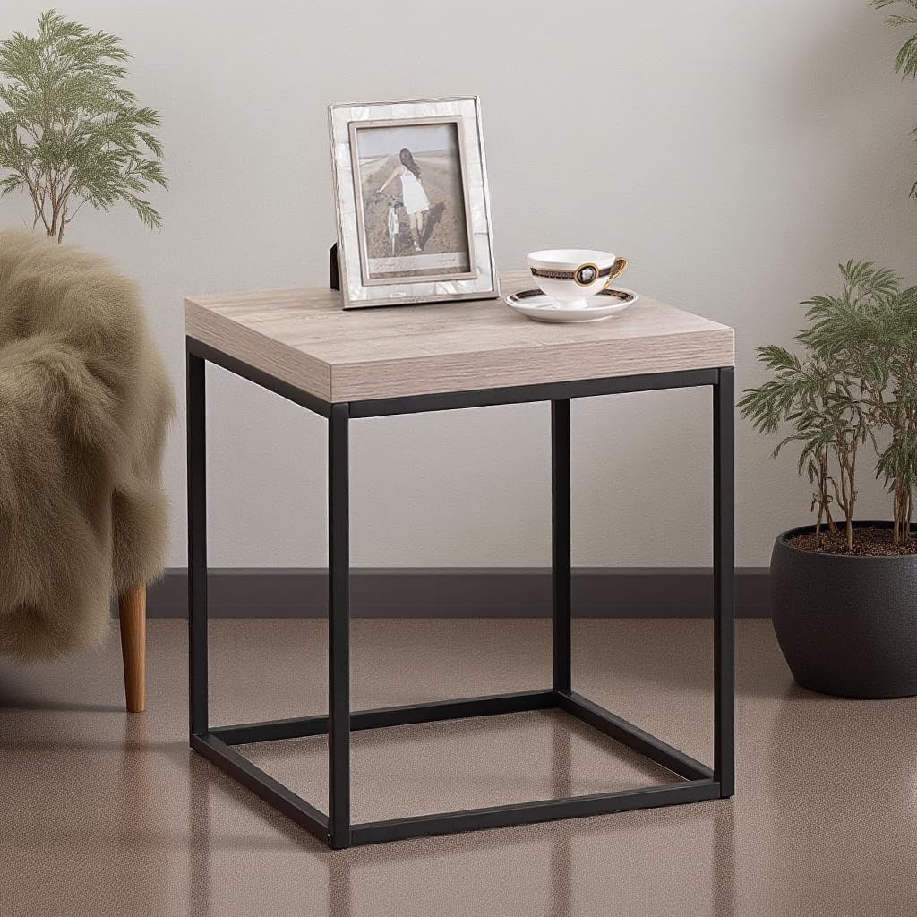 CENSI 18-Inch Grey Wash Accent End Table/Side Table for Living Room, Modern Industrial, Square, Metal and Wood (French Oak)