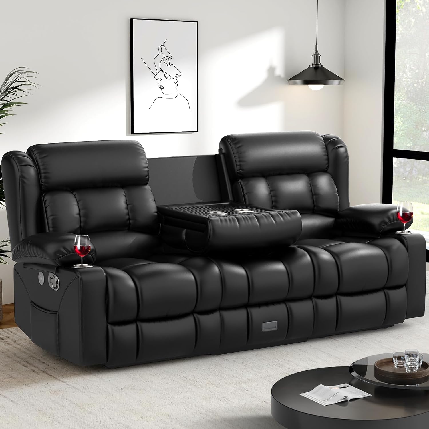Loveseat Recliner Sofa, Flip Middle Backrest Design PU Leather 3 Seat Reclining Sofa with Storage Drawer, Manual Couch for Living Room/RV (Black, PU)