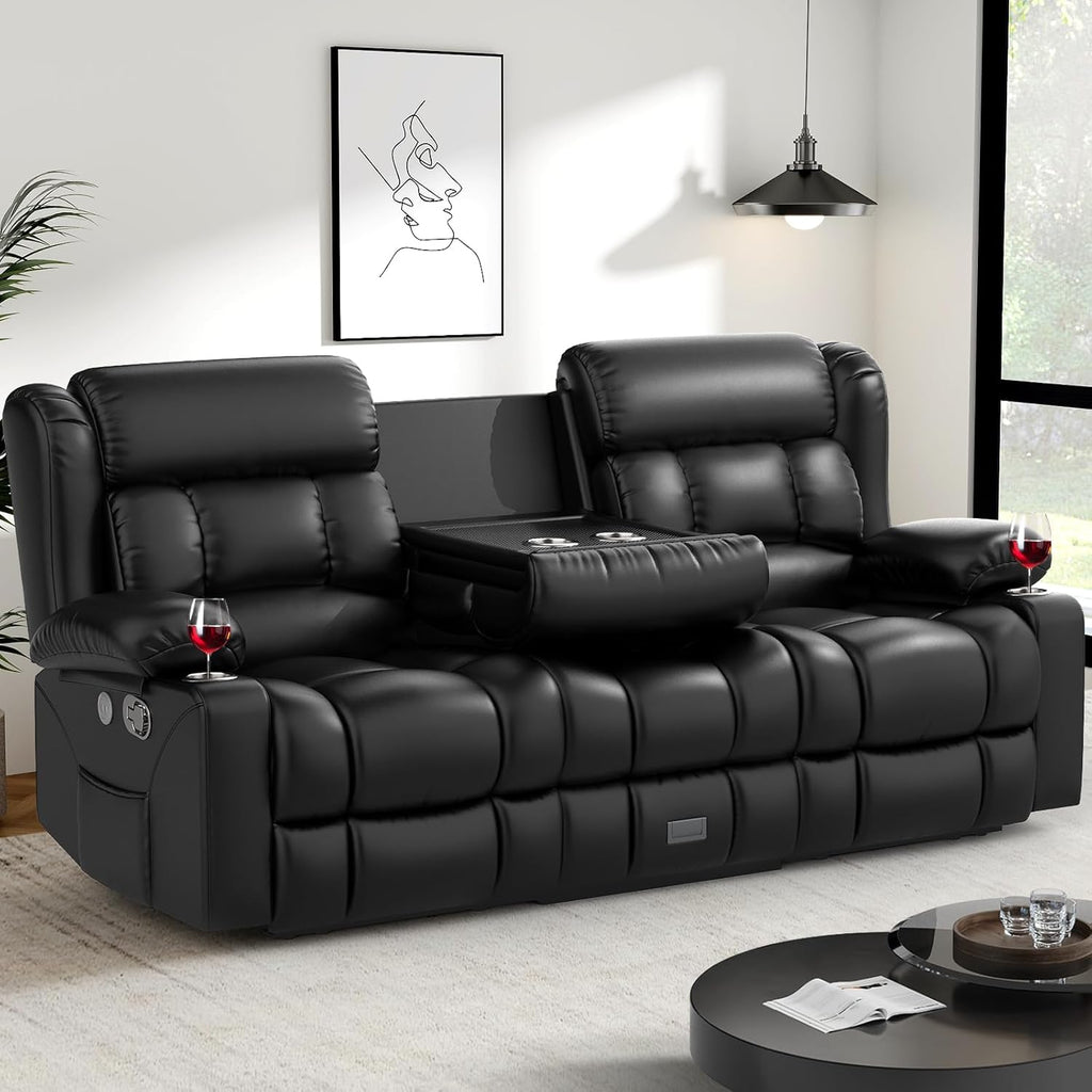 Loveseat Recliner Sofa, Flip Middle Backrest Design PU Leather 3 Seat Reclining Sofa with Storage Drawer, Manual Couch for Living Room/RV (Black, PU)