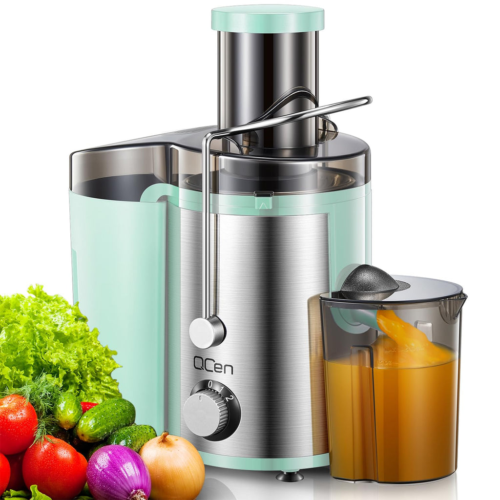 QCen Juicer Machine, 500W Centrifugal Juicer Extractor with Wide Mouth 3” Feed Chute for Fruit Vegetable, Easy to Clean, Stainless Steel, BPA-free (Aqua)