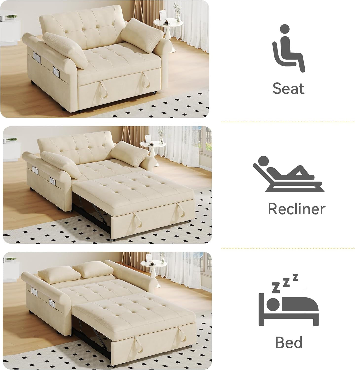 DWVO 3 in 1 Sleeper Sofa Bed, 56 Inch Convertible Loveseat Sofa with Pullout Bed, Reclining Backrest, Storage Pockets, Modern Space Lounge Furniture for Living Room, Includes Toss Pillows, Beige