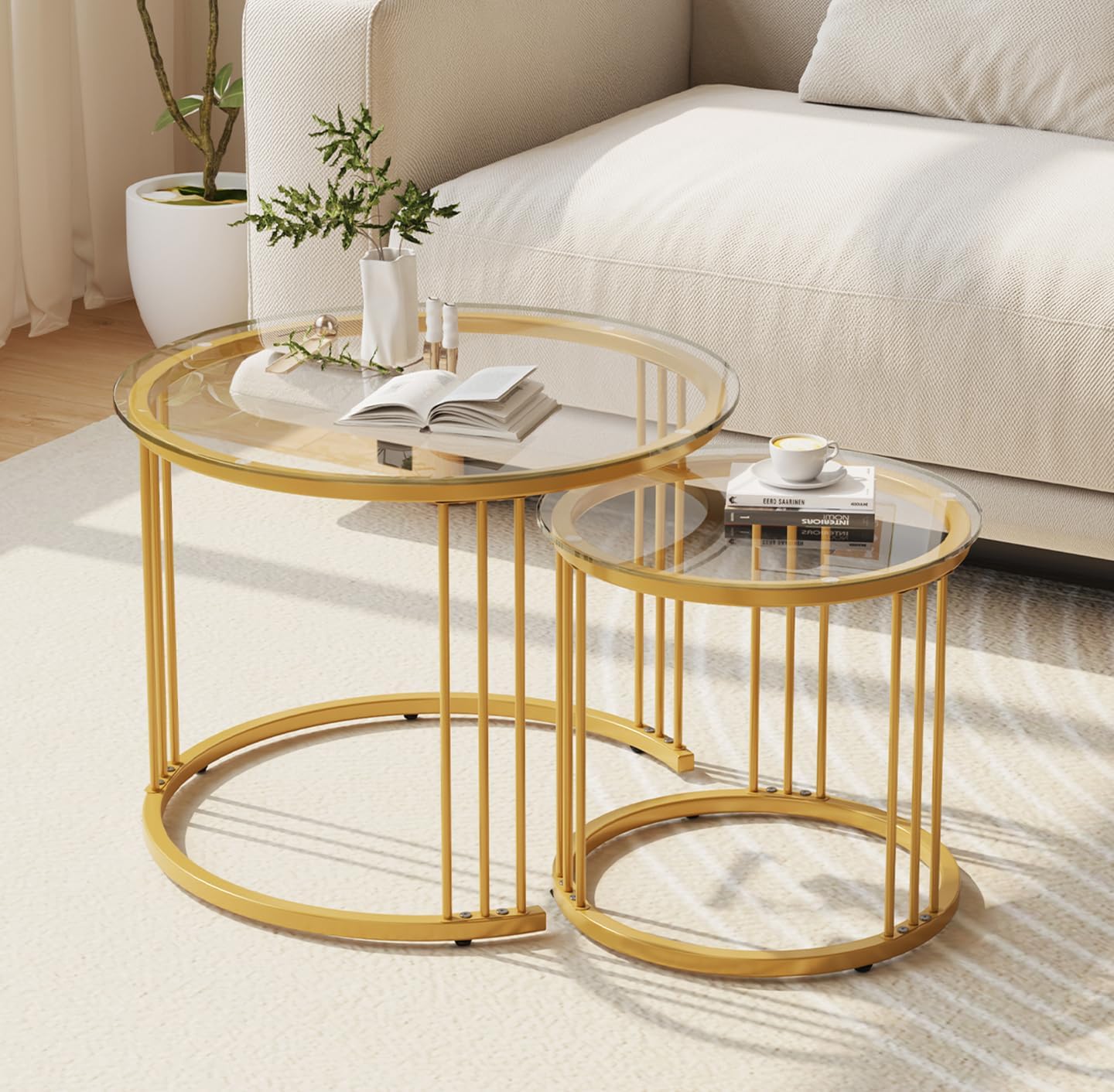 Garden 4 you Nesting Coffee Table, 23.6" Round Coffee Table Set of 2, Glass Nesting Table with Metal Frame, Ceter Tables for Living Room Bedroom Balcony, Gold