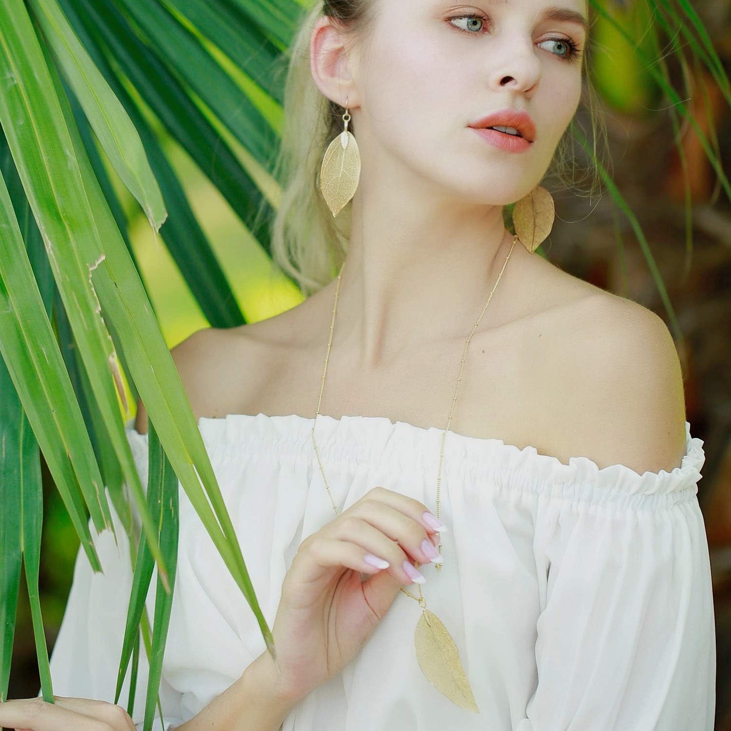 BOUTIQUELOVIN Filigree Long Leaf Pendant Dangle Necklace and Earring Jewelry Set Fashion for Women