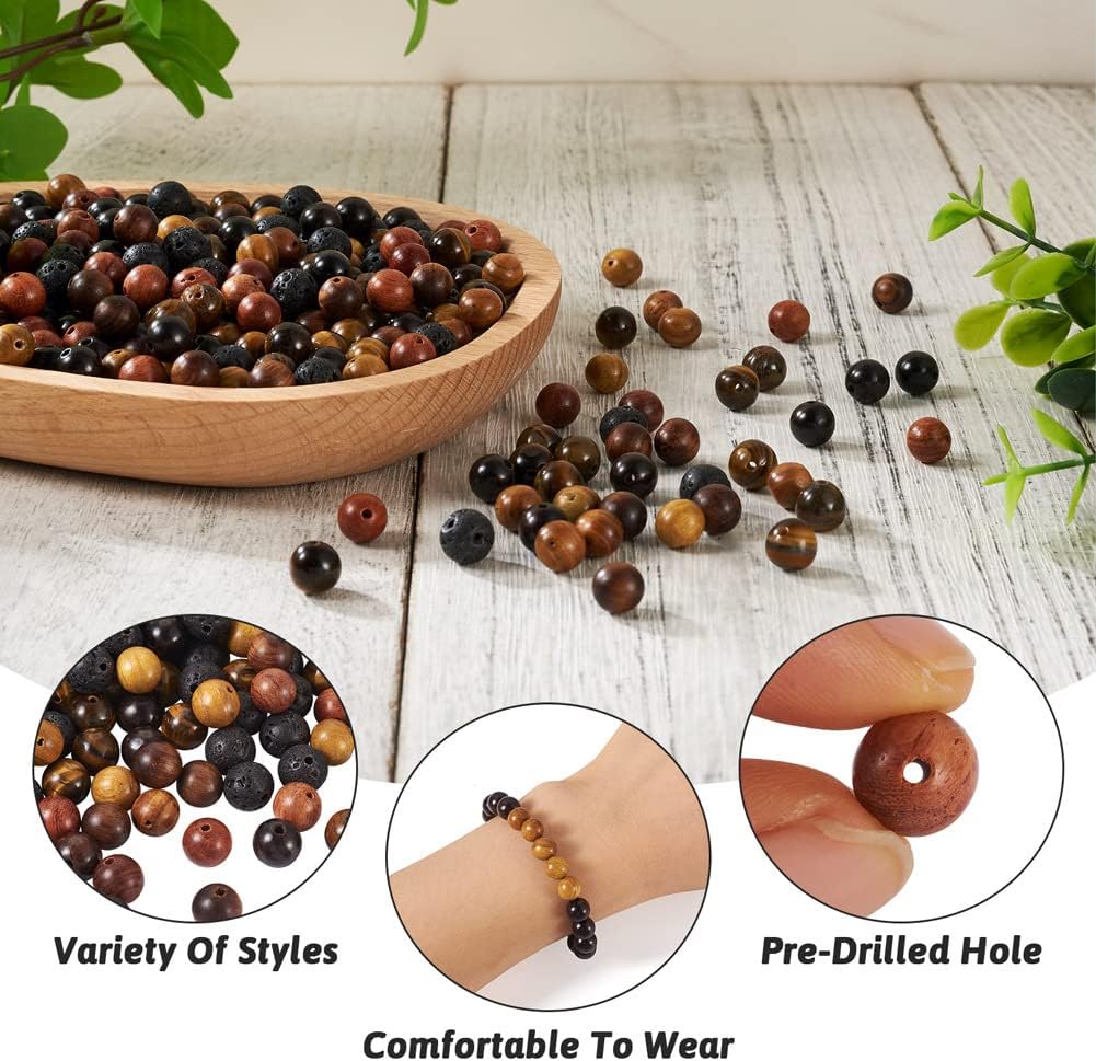 KISSITTY 300Pcs 6 Style Natural Wood Round Gemstone Beads Kit for Easter 8mm Lava Rock Beads & Grade AB Tiger Eye Wood Beads Natural Polished Wooden Ball Loose Beads for Men Bracelet Jewelry Making