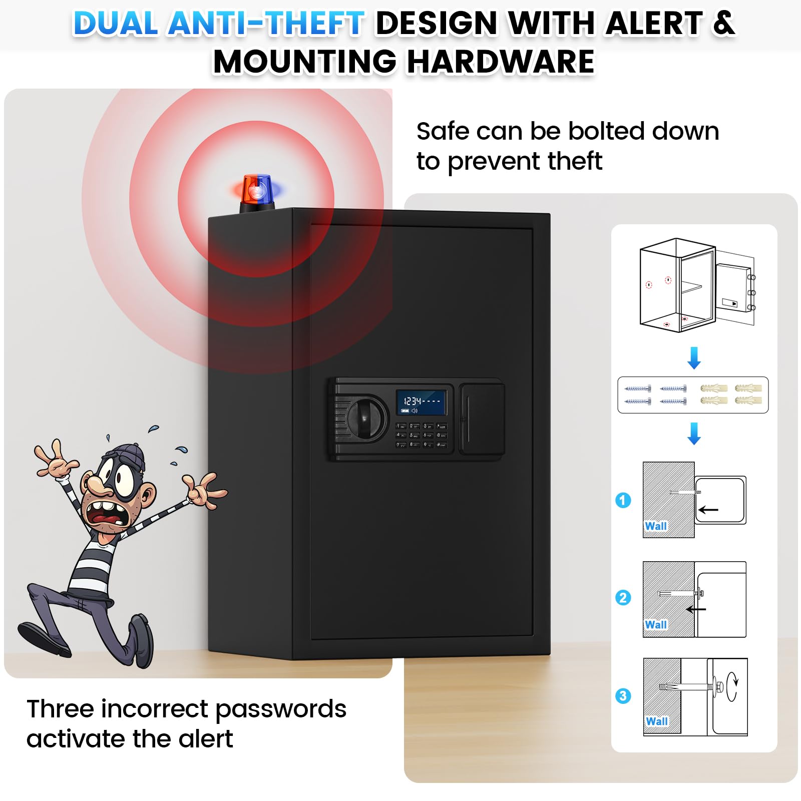 3.0 Cuft Fireproof Safe For Home, Safe Box Fireproof Waterproof, Digital Security Document Safe With LCD Programmable Keypad, Backup Keys, Smart Alert, Large Combination Safes For Money Jewelry Cash