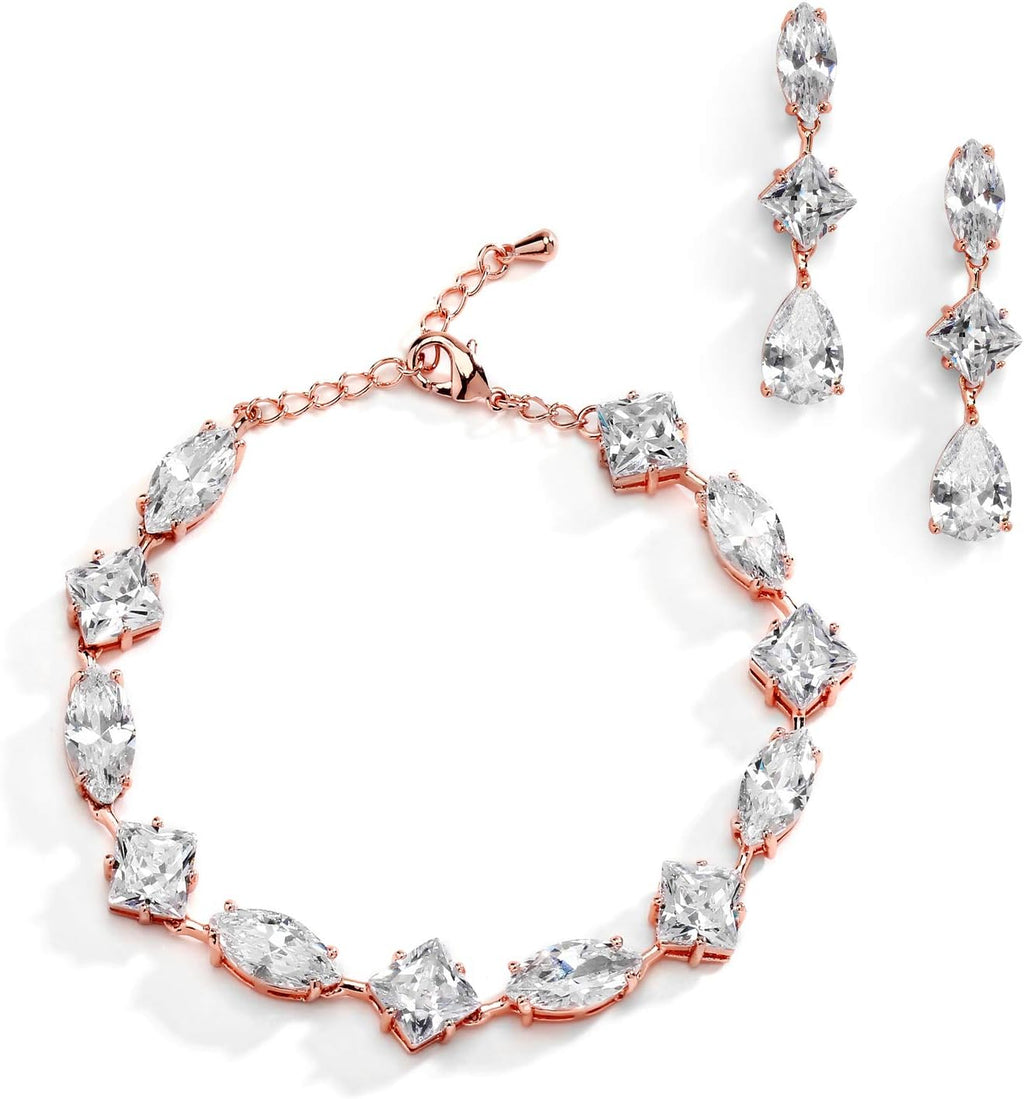 Mariell Rose Gold Zirconia Crystal Wedding Bracelet Earrings Set for Women, Jewelry for Bride, Bridesmaid
