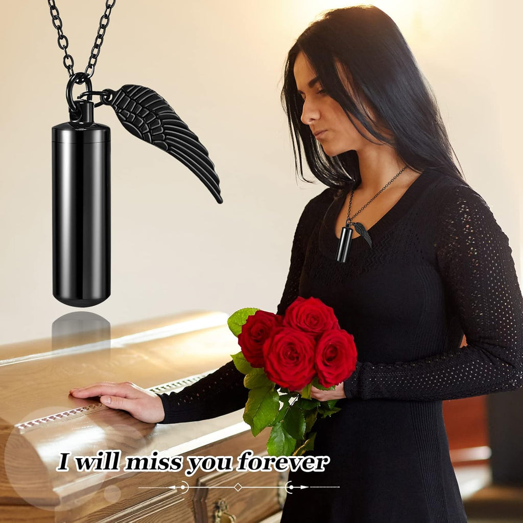 Kigeli 10 Pcs Cylinder Cremation Urn Necklace with Angel Wing Stainless Steel Memorial Keepsake Pendant Cremation Necklaces for Ashes for Women Men Urn Jewelry Sets Keepsake Necklace with Filling Kit