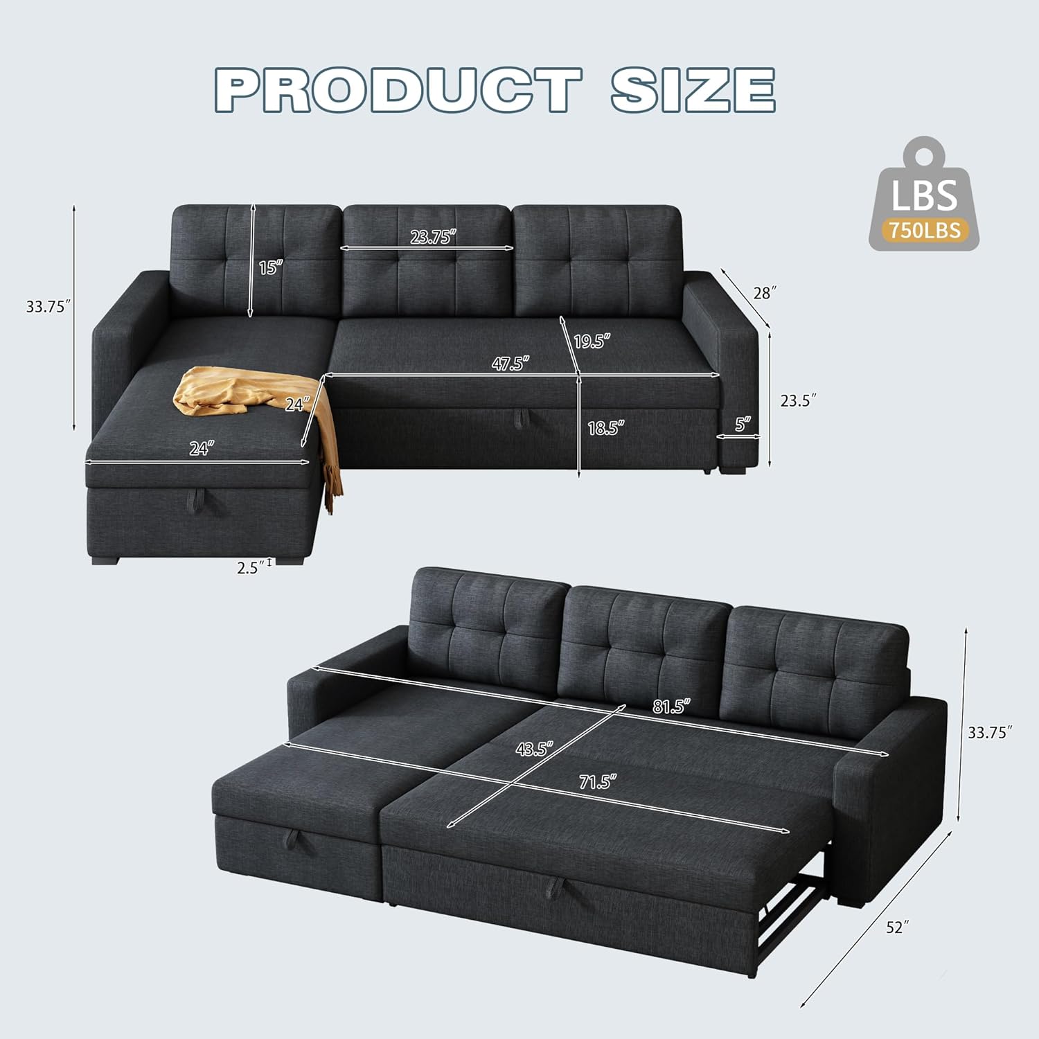 L-Shape Reversible Sectional Sleeper Sofa Bed 4 in 1 Pull Out Couch with Storage Chaise & Removable Back Cushions,Convertible Sleeper Corner Couch Pull-Out Sofa Bed for Living Room,Office