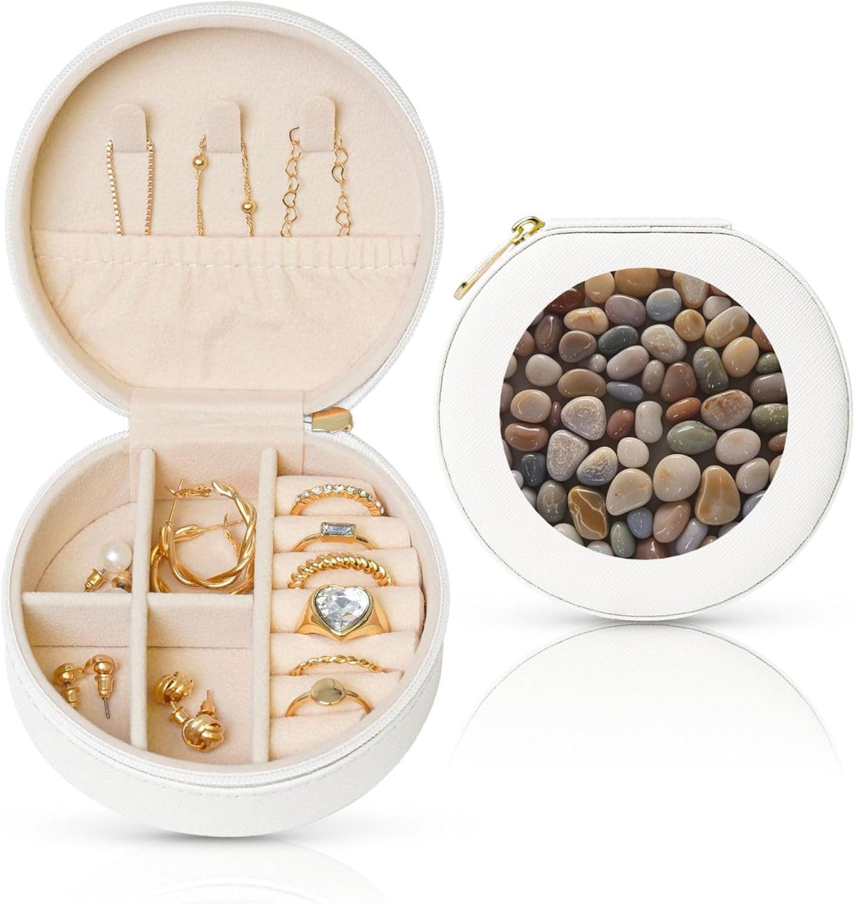 Small Jewelry Box Leather Travel Jewelry Case Waterproof Round Jewelry Organizer White For Womens Rings Necklaces Gifts Petoskey Stone