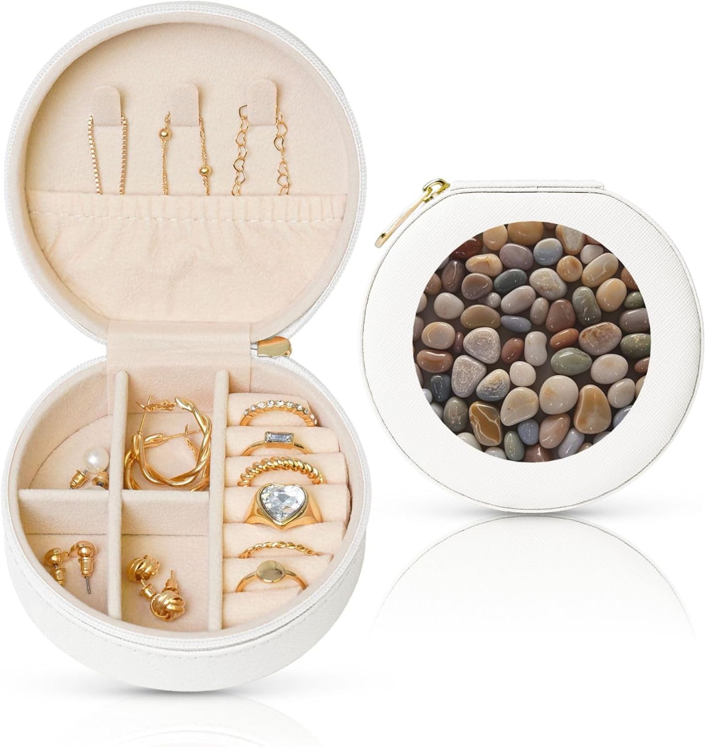 Small Jewelry Box Leather Travel Jewelry Case Waterproof Round Jewelry Organizer White For Womens Rings Necklaces Gifts Petoskey Stone