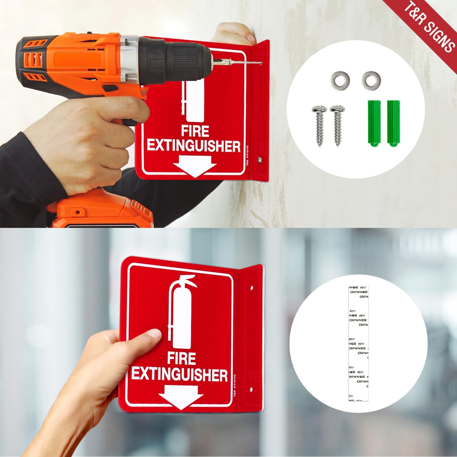 T&R Fire Extinguisher Sign, Fire Extinguisher with Down Arrow - 8 Pack - 6 x 6 Inches Acrylic, 2 pre-drilled holes, Includes Matching Screws, Use for Home Office/Business