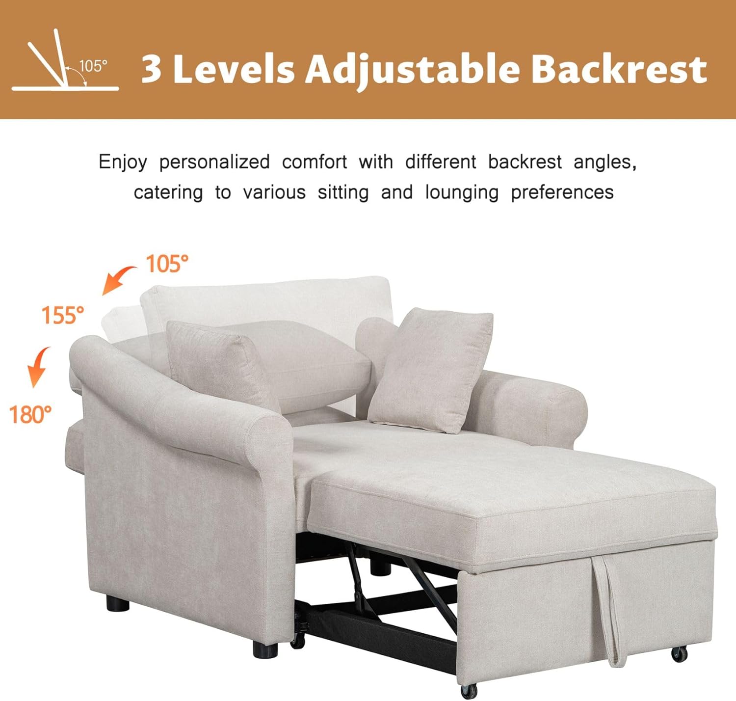 Merax Chenille Convertible Sleeper Chair with Pillow & Adjustable Backrest, Adult 3 in 1 Lounger Sofa Turns Into Chaise Lounge Recliner Single Bed for Living Room Balcony Bedroom Office, Beige