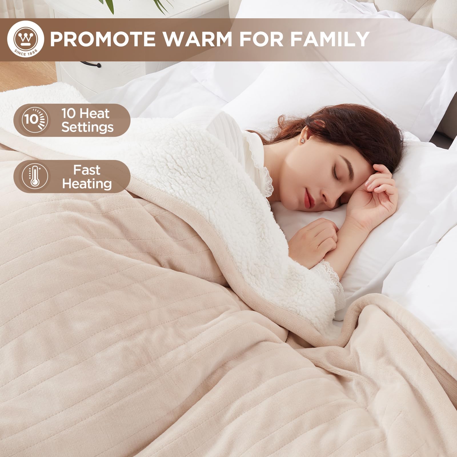 Westinghouse Heated Blanket Queen Size, Soft Flannel to Sherpa Electric Blanket with 10 Heating Levels, 12 Hours Auto Off, Fast Heating Blanket, Machine Washable, 84x90 Inch, Charcoal