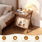 Stand Side Table Plastic Rattan Bedside Tables Glass Coffee Tables Wood Boho End Table with Storage Compact Accent Table for Small Spaces, Perfect for Living Room, Bedroom and Apartment (Brown)