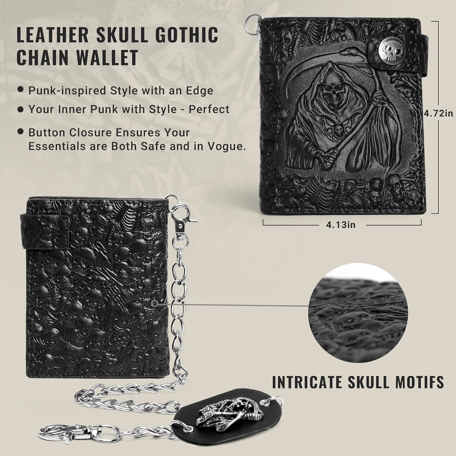 Portefeuille chaîne gothique crâne ZEKEE en cuir - Punk bifold Halloween gothique accessoires | Unisexe, noir