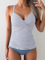 B2prity Women's Ruched Tankini Swimsuits V Neck Wrap Tie Back Two Pieces Swimwear Tummy Control Bathing Suit (Blue Striped)