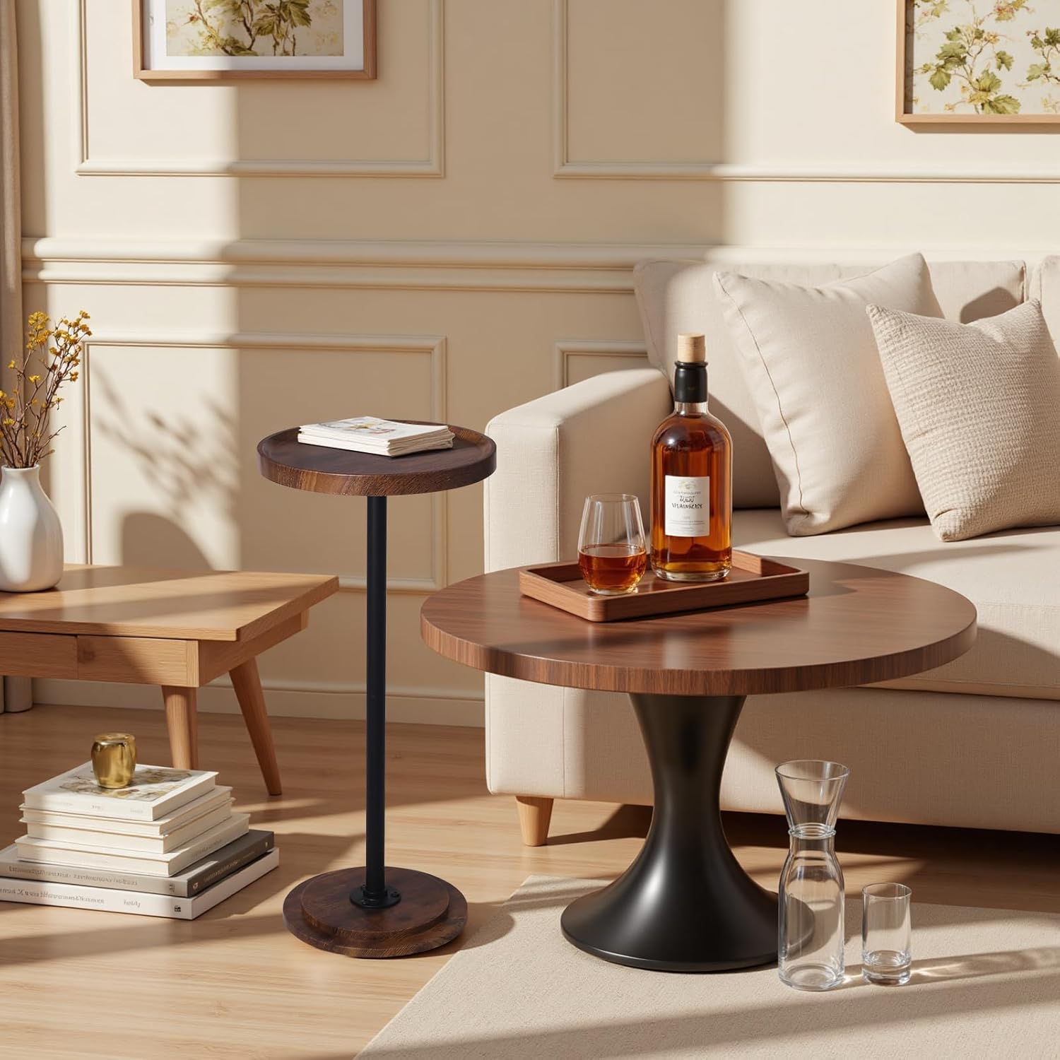 Home Dector Sofa Side Table, Small Drink Table for Small Spaces, Coffee End Table with Wood Leg for Living Room, Bedroom, Corners(Rustic Brown)