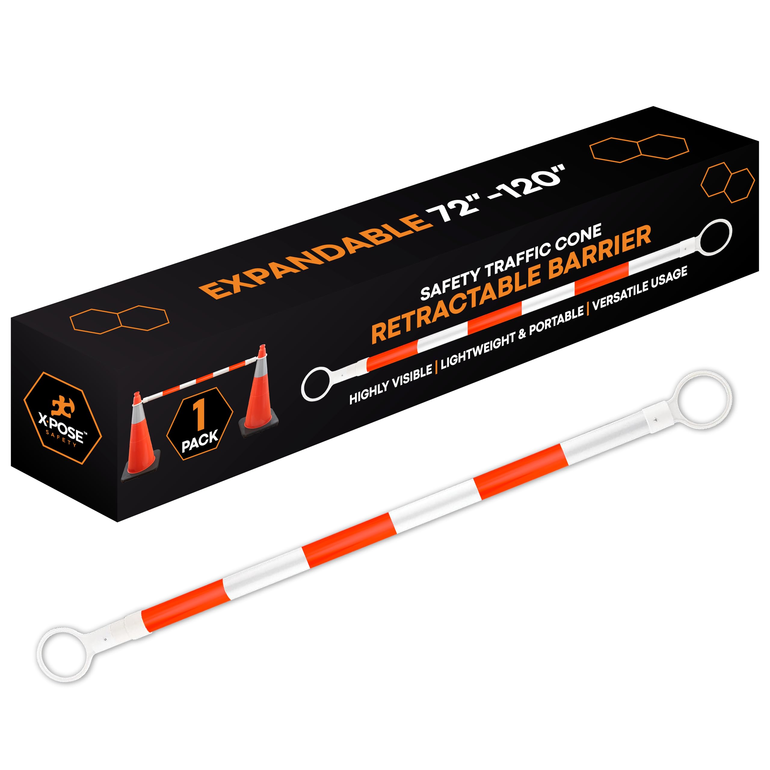 Retractable Barrier for Safety Traffic Cones - 2" OD - Large Yellow and Black Bar Barricade - for Road Construction, Parking, Warning, Temporary Security Divider (40, Orange & White, 72" x 120")