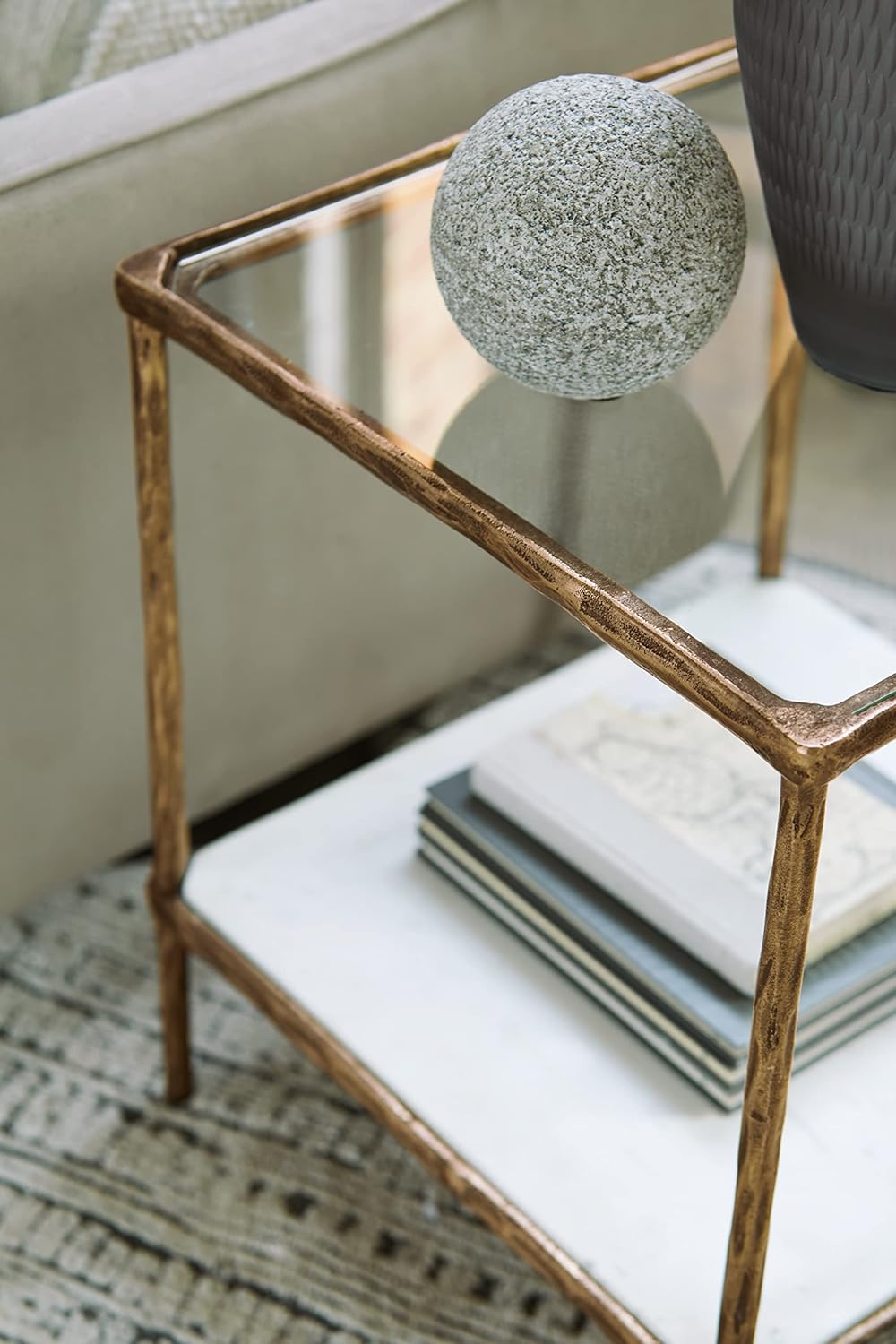Signature Design by Ashley Ryandale | Contemporary Accent Table – Glass Top, Aluminum Frame & Marble Shelf, Antique Brass Finish