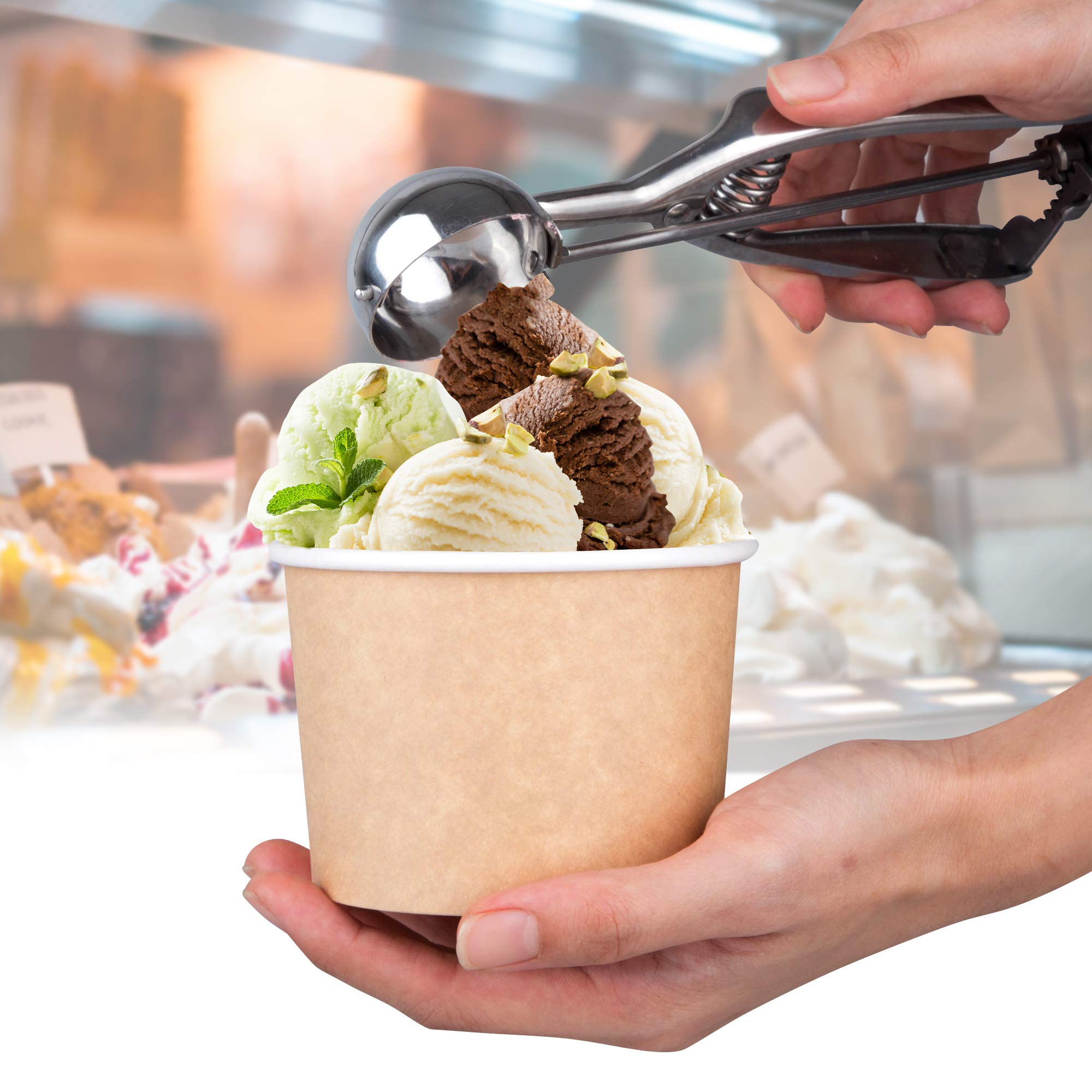 Promora 12oz Paper Ice Cream Cups Disposable 50 Count + Spoons, Bowls for Hot Soup/Dessert with Spoons, Perfect for Hot & Cold Food, Disposable Soup Bowls, Ice Cream Bowls, Frozen Yogurt (Brown 12oz)