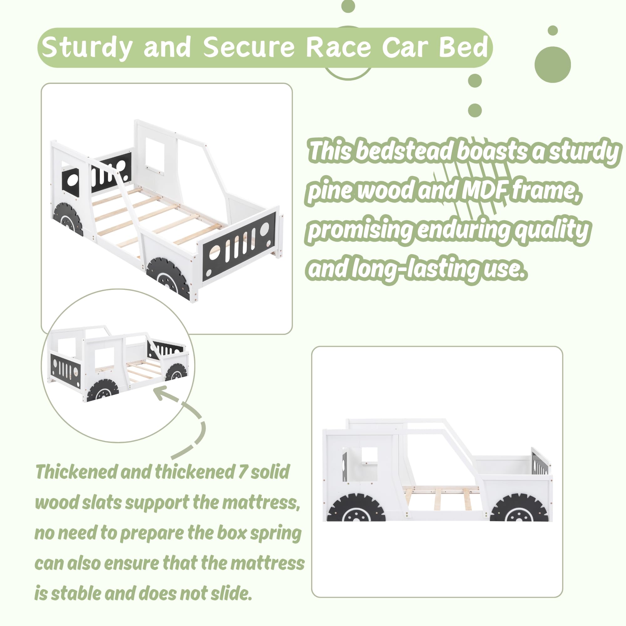 Twin størrelse bil seng, trægulvs sengestel med hovedgærde og fodgærde samt 4 siderækværk, børns racerbilseng til drenge piger teenagere, hvid
