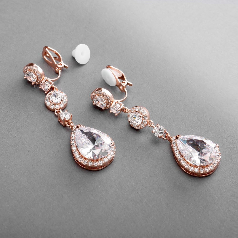 Mariell Pierced or Clip-On Silver, Gold or Rose Gold CZ Dangle Drop Earrings for Women, Brides, Wedding