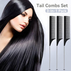 3 Pack Hair Rat Tail Combs Set, Parting Rattail, Teasing Fine Tooth Comb, Metal Hair Pick Detangling, Heat Resistant Carbon Fiber Teasing Comb, and Stainless Steel Pintail(Black)