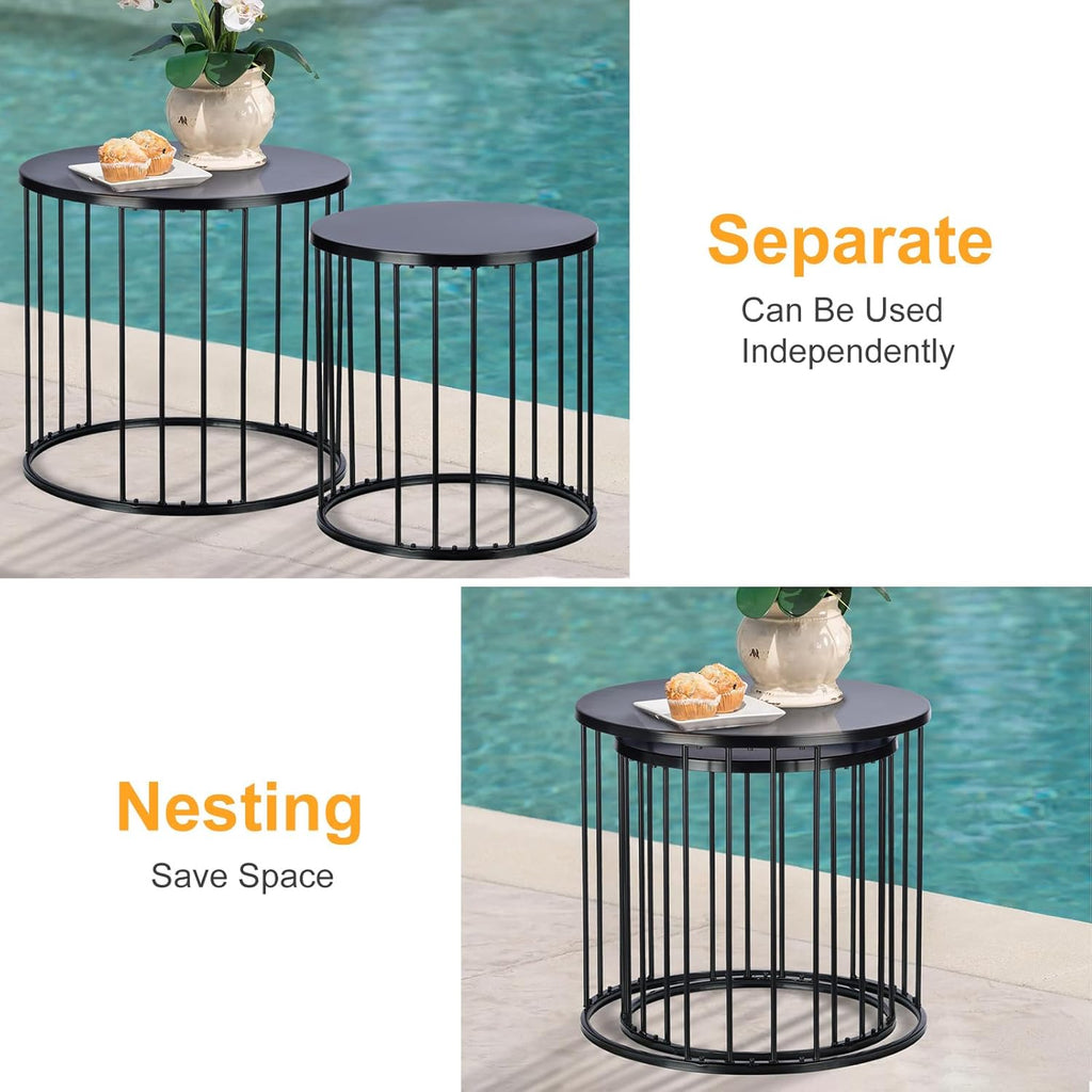 LEWIS&WAYNE Outdoor Side Table Set of 2, Metal Circle Accent End Tables for Balcony Backyard Garden Indoor Living Room, Durable Black Nesting Coffee Tables, 20”+16” Dia