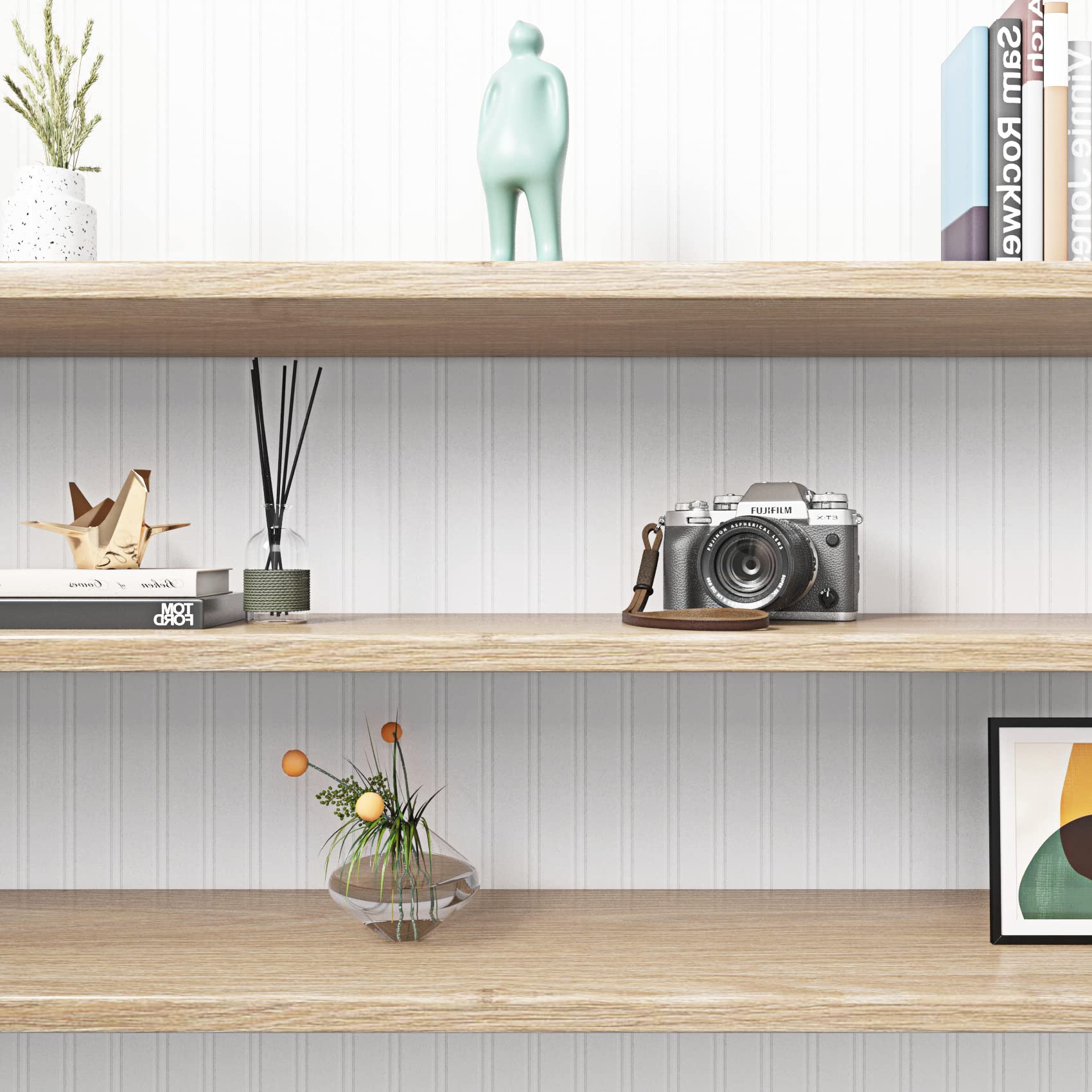 ReWallpaper 17.5in x 23ft Removable Vinyl Faux Beadboard Peel and Stick Prepaste Wallpaper Liner Self Adhesive Contact Paper Faux Wainscoting Panels Peel and Stick Wallpaper for Bathroom Kitchen Walls