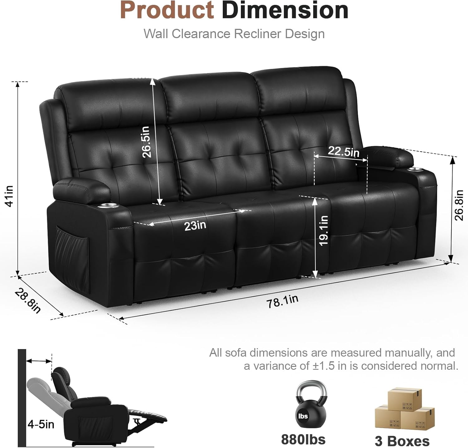 Recliner Sofa, Massage Reclining 3 Seater Sofa Sets Heavy Weight Capacity, RV Loveseat Clearance with Storage, Cup Holders, Wall Hugger Couches for Living Room