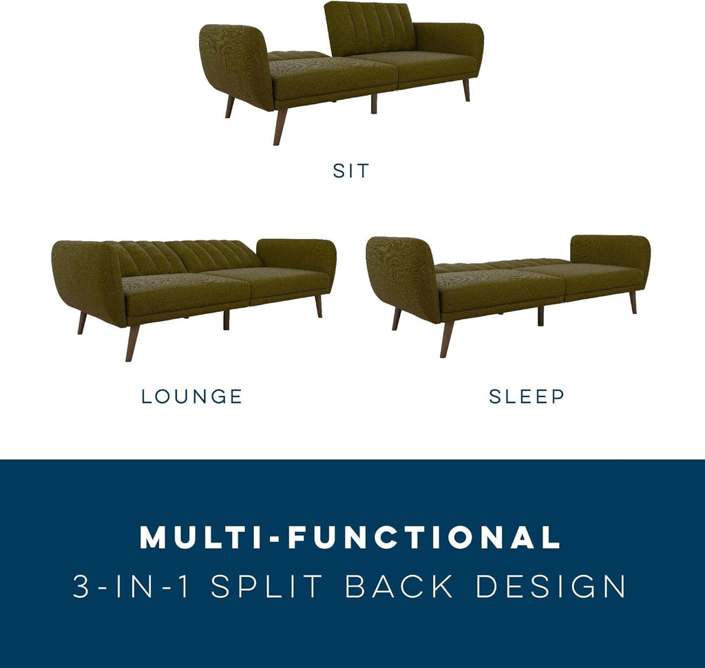 Novogratz Brittany 82 Inch Futon Sofa Bed in Faux Leather, Upholstered Couch Sleeper with Tufted Back, Mid-Century Modern Design, Green