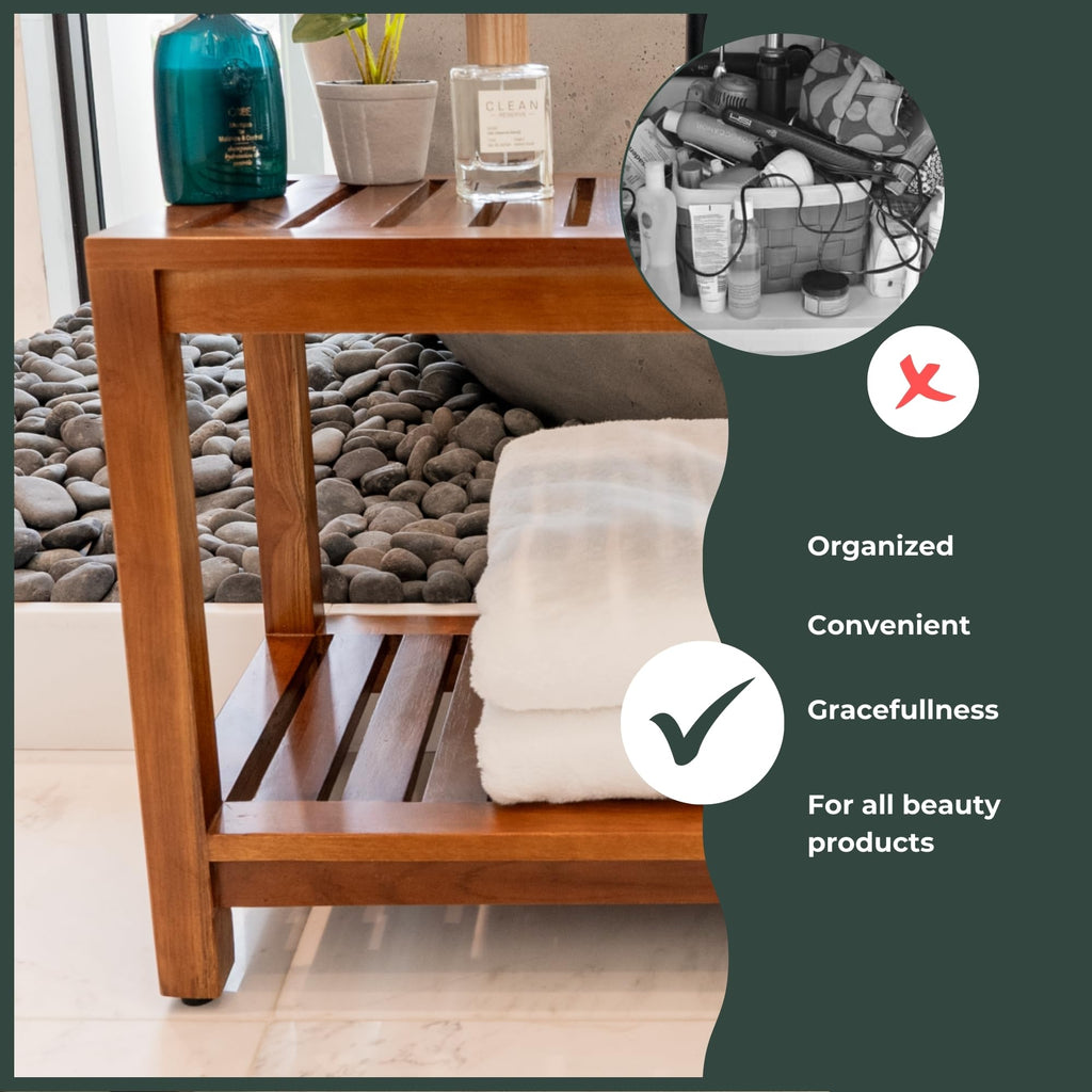 Teak Wood Shower Bench - 30 Inch Fully Assembled Bench with Shelf | Water Resistant, Non-Slip Adjustable Feet for Inside Shower