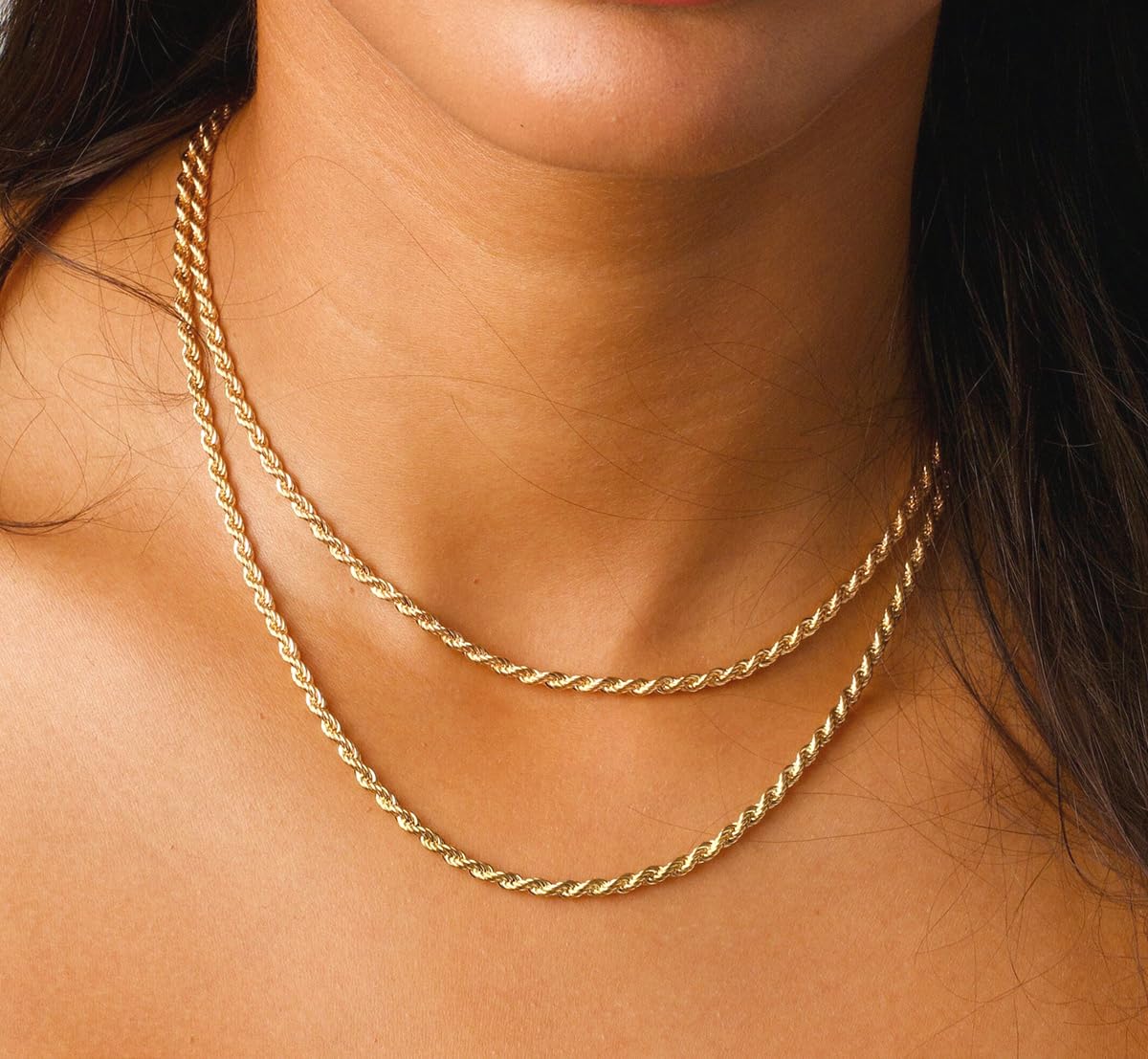 Colar Corrente de Corda em Ouro Amarelo Maciço 14K QREEMUU para Mulheres e Homens, 1,5mm, 2mm, 3,2mm e 4,2mm de Espessura, Design Durável em Comprimentos de 16 a 36 Polegadas (3,2mm, 16 polegadas)