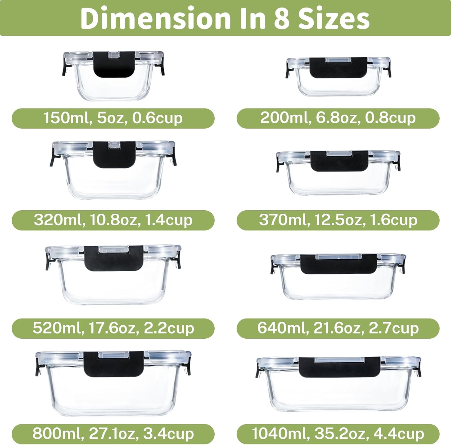 8 Pack Borosilicate Glass Food Storage Containers with Lids, Glass Meal Prep Containers, Airtight Bento Lunch Boxes with Snap Locks, Oven, Freezer and Dishwasher Safe, BPA Free, Kitchen Storage Set