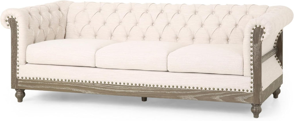 Merax Chesterfield Sofa, Retro Style Upholstered 3 Seater Rolled Arm Couch for Living Room Bedroom Office, Beige