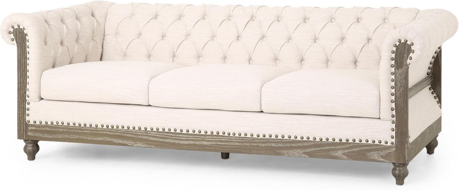 Merax Chesterfield Sofa, Retro Style Upholstered 3 Seater Rolled Arm Couch for Living Room Bedroom Office, Beige