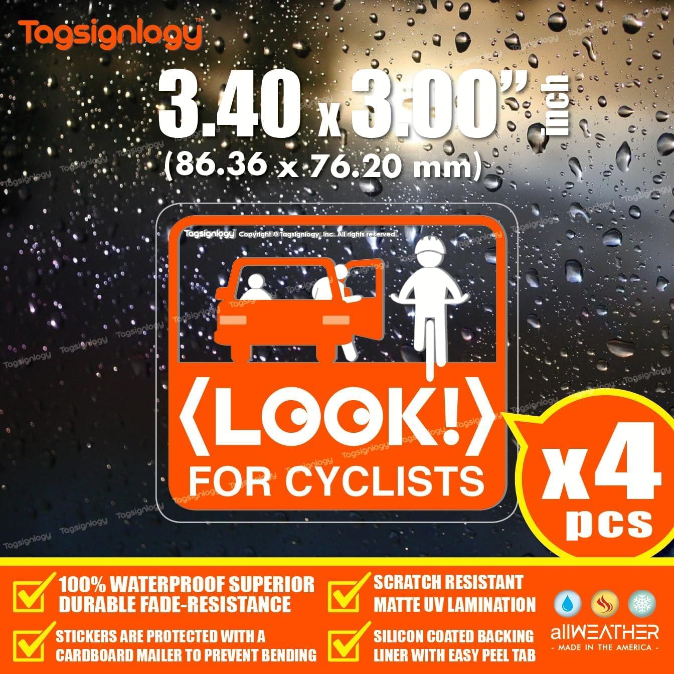 (4 pcs) Look for Cyclists - UV Weatherproof Clear Sticker - for Passenger Bicycle Bike Driver Safety Caution Sign - Taxi Car Open Door Window Cling Transparent Waterproof Vinyl Decals