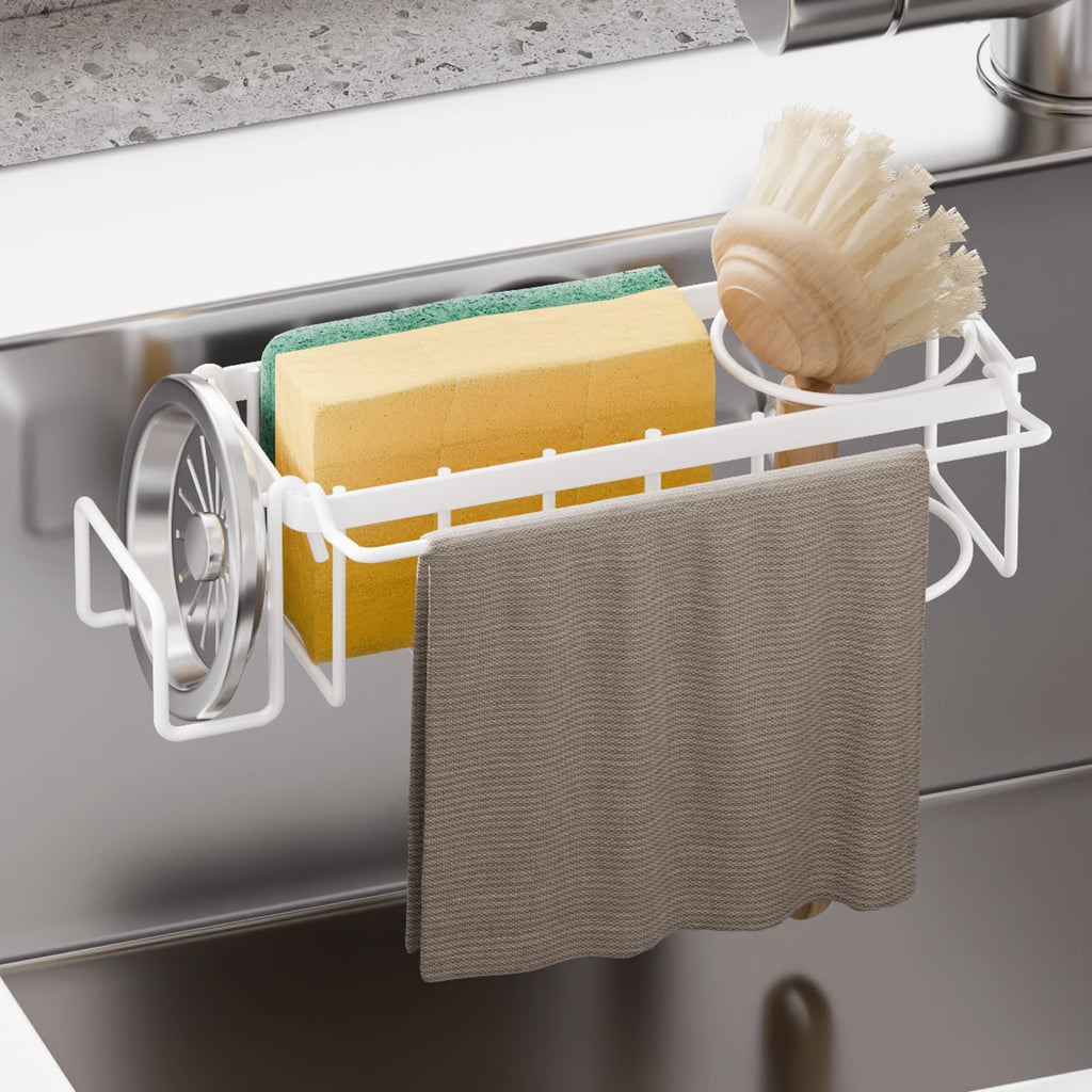 TAILI Sponge Holder with Strong Suction Cup, 4-in-1 Rustproof Sink Organizer - Sink Caddy Holds Sponges, Brushes, Stoppers & Scrapers -Black