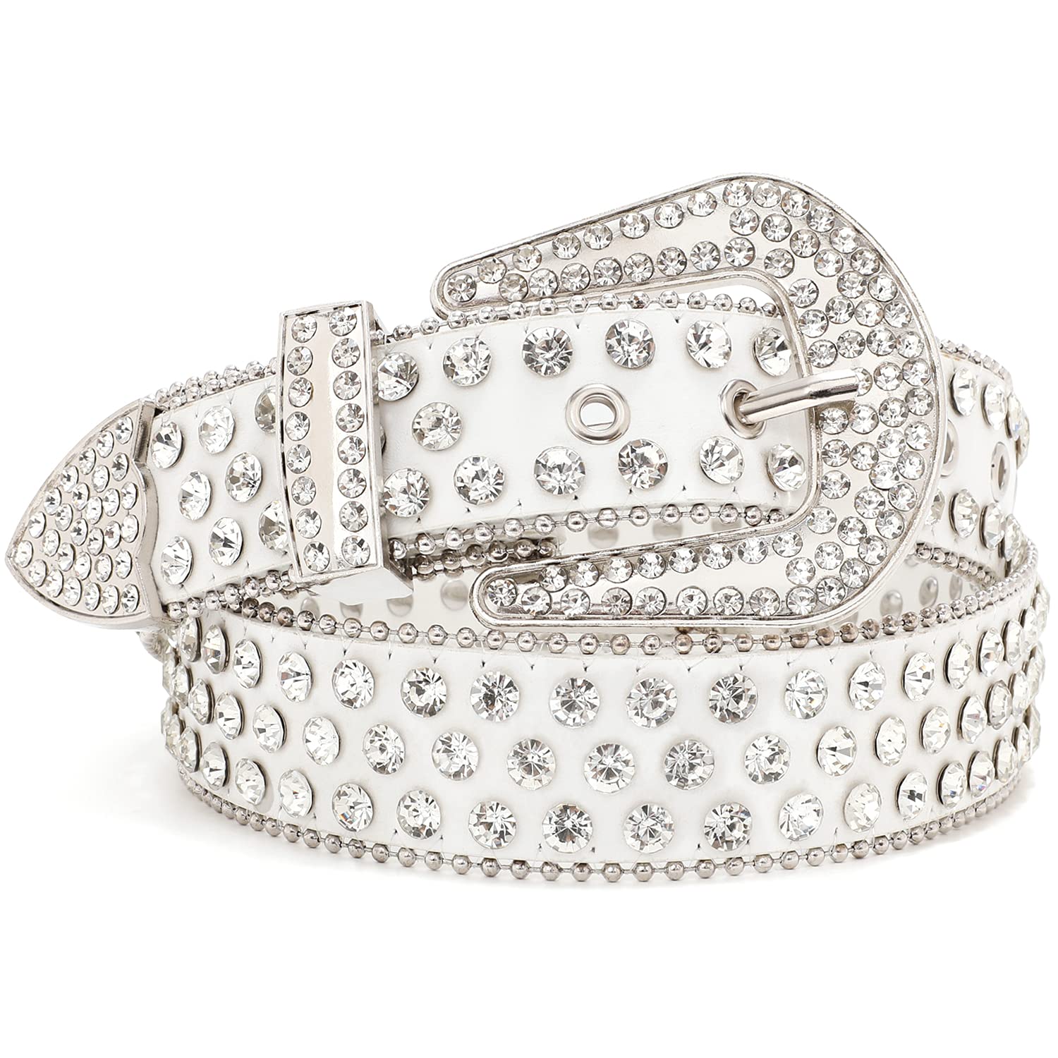 SUOSDEY Rhinestone Belt for Men Women Western Cowboy Cowgirl Bling Studded Leather Belt for Jeans Pants,White,M