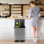 SIMPLI-MAGIC 16 Gallon (60L) Elegant Black Step Trash Can – Dual Compartment Kitchen Garbage Can with Waste & Recycling Bins – Slow-Close Lid, Odor Control, Hands-Free, Premium Stainless Steel