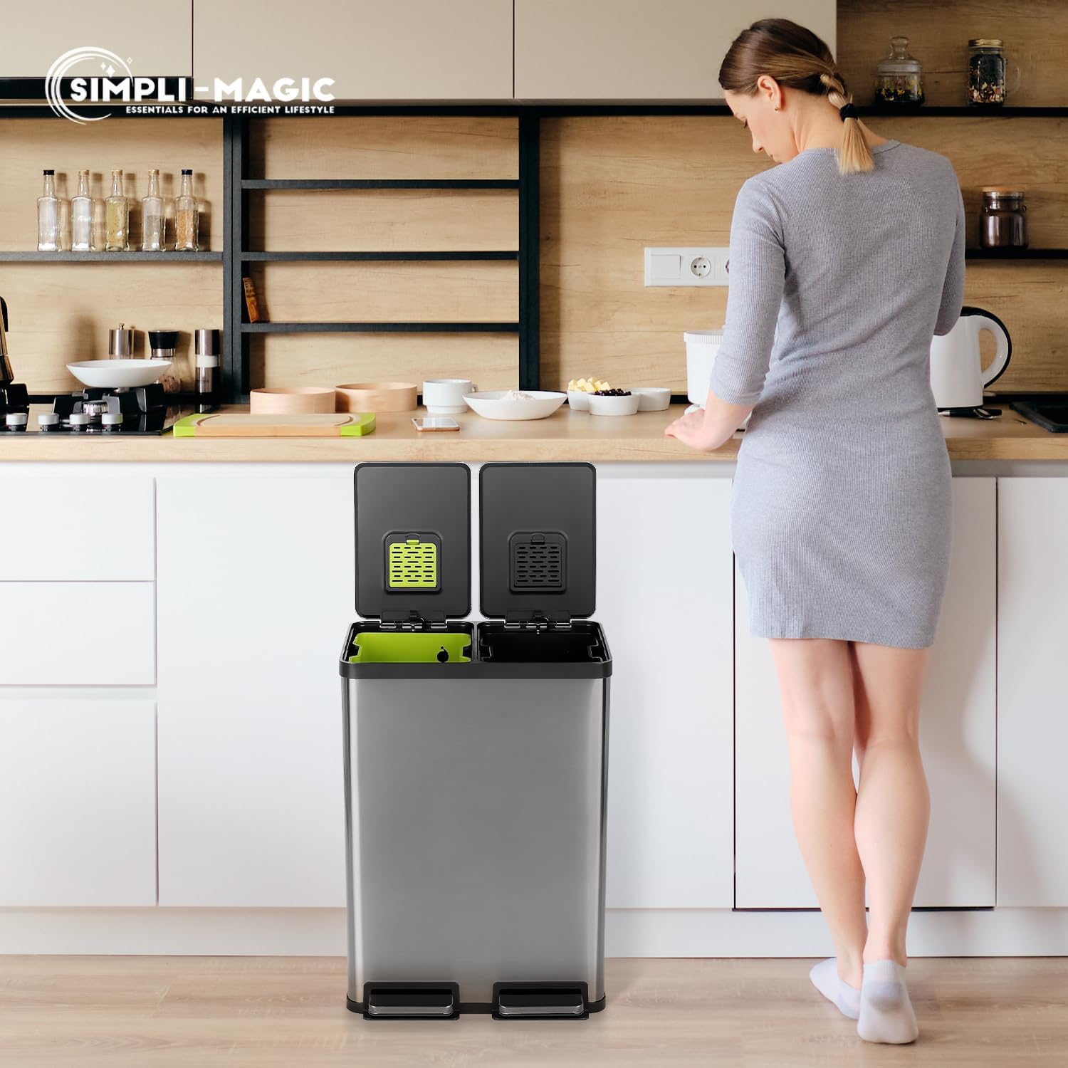 SIMPLI-MAGIC 16 Gallon (60L) Elegant Black Step Trash Can – Dual Compartment Kitchen Garbage Can with Waste & Recycling Bins – Slow-Close Lid, Odor Control, Hands-Free, Premium Stainless Steel