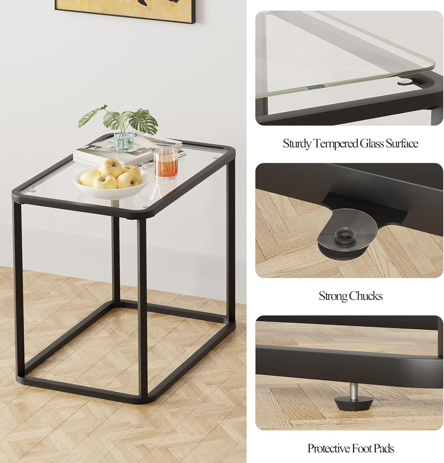 Garden 4 you Glass Side Table, Rectangle End Table with Metal Frame, Modern Bedside Table for Office, Bedroom, Living Room, Study, Small Spaces,Easy Assembly,23.6x15.7x20.8 Inches,Black