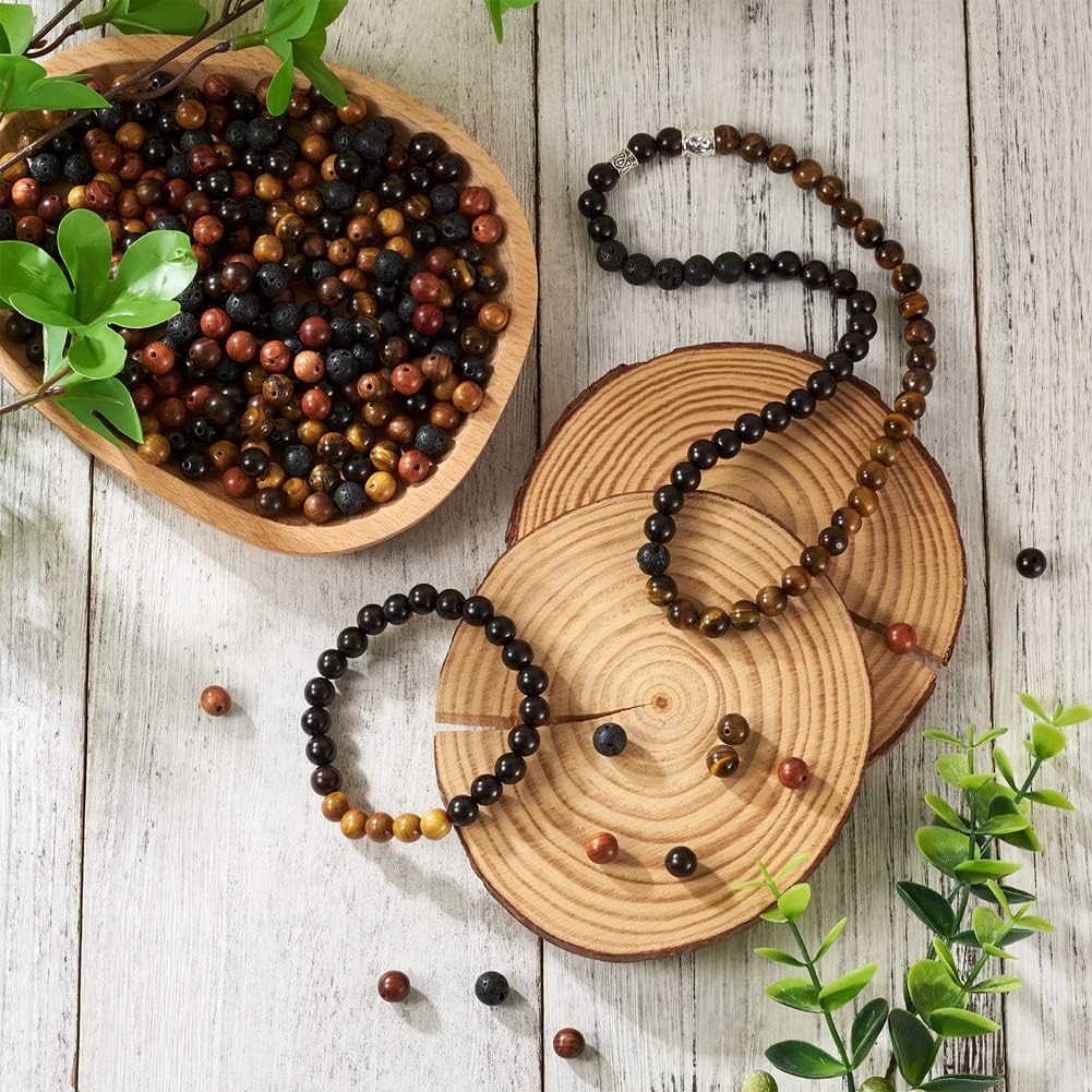 KISSITTY 300Pcs 6 Style Natural Wood Round Gemstone Beads Kit for Easter 8mm Lava Rock Beads & Grade AB Tiger Eye Wood Beads Natural Polished Wooden Ball Loose Beads for Men Bracelet Jewelry Making