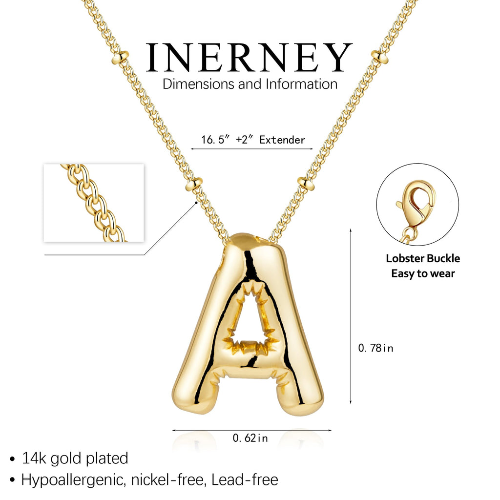 Inerney Gold Bubble Letter Necklace Initial Necklaces for Women, Chunky 14K Plated Balloon Initials, Trendy Charm Non Tarnish Custom Name A Pendant Jewelry Gifts for Mom