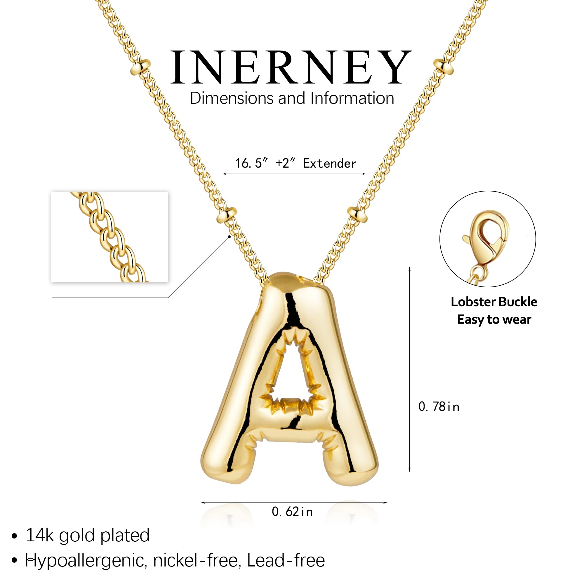Inerney Gold Bubble Letter Necklace Initial Necklaces for Women, Chunky 14K Plated Balloon Initials, Trendy Charm Non Tarnish Custom Name A Pendant Jewelry Gifts for Mom
