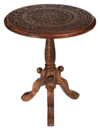 Wooden End Table for Living Room - 18x22 Burnt Finish Carved Side Table, Single Pillar Nightstand, Bedside Table for Books, Plants, Magazines, Small Space Accent Table